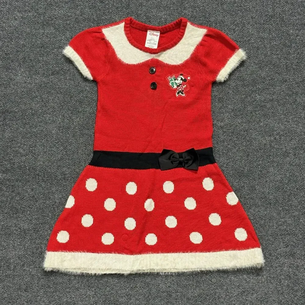 Disney Sweater Dress Girls 6 Red Minnie Mouse Polka Dot Knit Bow Christmas